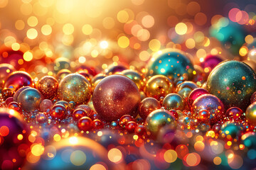 Vibrant and colorful collection of spheres, possibly Christmas ornaments or decorative balls, with a bokeh effect that creates a soft, blurred background filled with warm colors.