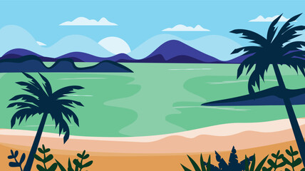 A serene coastal landscape showcasing a tranquil beach bordered by lush palm trees. The calm turquoise waters extend towards a range of deep blue and purple mountains in the background