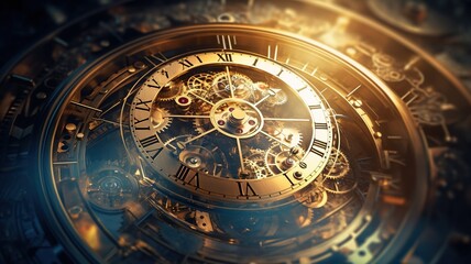 A dreamlike vision of quantum time as an abstract multi-dimensional clockwork with cogs and gears moving in complex non-linear patterns across a cosmic backdrop.