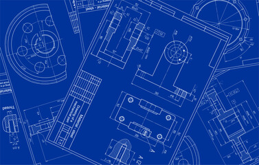 Vector engineering drawing of a steel mechanical parts with through holes. Industrial cad scheme. Technology background.