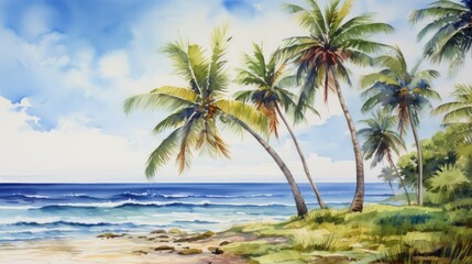 Obraz premium Palm trees on the beach with sea in the ocean. Watercolor painting