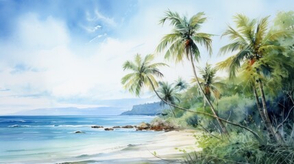 Fototapeta premium Palm trees on the beach with sea in the ocean. Watercolor painting