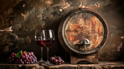 Old wooden barrels with grape wine, bottle, wine in glasses on a wooden background. Alcohol aging. Banner.