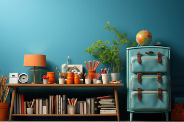 Bright school supplies on blue