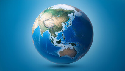 Fototapeta premium 青い背景に浮かぶ地球が描かれています。地球はアジア、オーストラリア、インド洋を中心に表示されており、地表の細かい地形や海の青が鮮やかに表現されています。シンプルでありながら地球の壮大さを感じさせる構図です。generative AI