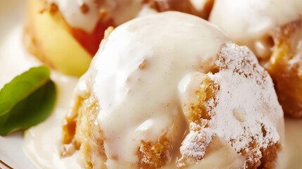 Close-up of a delicious dessert topped with a creamy white sauce.