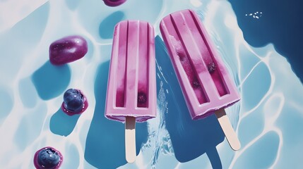 Two purple popsicles float in a blue pool of water with blueberries scattered around.