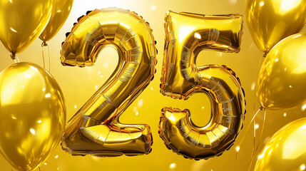 Golden foil balloons in the shape of the number 25 on a bright yellow background with bokeh lights, celebrating a milestone birthday. Perfect for birthday banners, milestone celebrations, and festive 