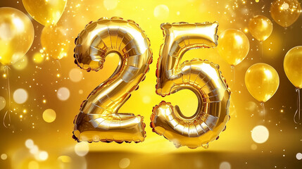 Golden foil balloons in the shape of the number 25 on a bright yellow background with bokeh lights, celebrating a milestone birthday. Perfect for birthday banners, milestone celebrations, and festive 