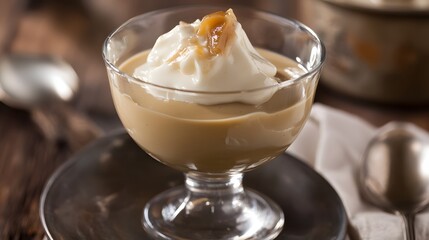 Closeup of a creamy coffee pudding topped with whipped cream and a caramel sauce.