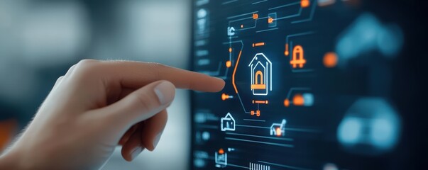 Fototapeta premium A hand interacting with a digital security interface, showcasing advanced technology for home protection.