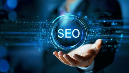 SEO: Search engine optimization marketing ranking. Working on computer with the icon of online search engine, abbreviation SEO and SEO symbol. Digital marketing strategy of promote traffic to website