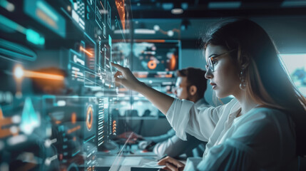 Woman using futuristic touchscreen interface in high-tech office with virtual data displays. Concepts of advanced technology, innovation, and digital transformation.