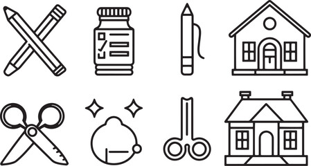 A clean vector icon set including a pencil, eraser, school building, and scissors 