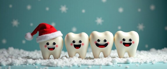 Cheerful cartoon teeth with Santa hat celebrating Christmas against snowy background with copy space