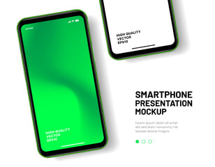 Realistic smartphone mockup. Mobile phone vector with isolated on white background. Device front view. 3D mobile phone with shadow. Realistic, high quality smart phone mockup for ui ux presentation.