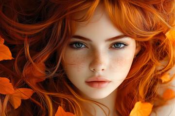 Portrait of beautiful cheerful redhead girl smiling and looking at camera.