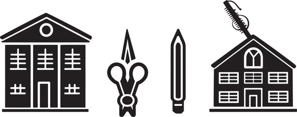 A clean vector icon set including a pencil, eraser, school building, and scissors 