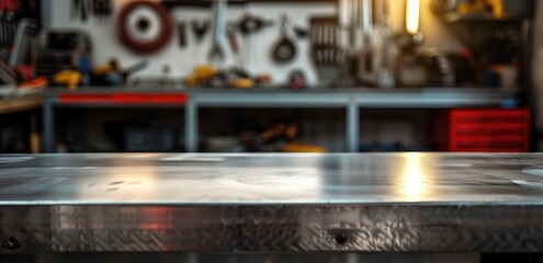 Fototapeta premium Industrial automotive workshop with metal workbench and various tools hanging on the wall in soft focus. Concepts of craftsmanship, manufacturing, and skilled labor.