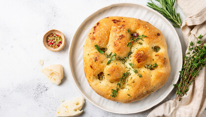 Fototapeta premium Fresh focaccia with herbs on white table. Classic Italian bread. Tasty food. Baked goods. Top view.