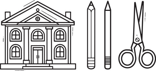 A clean vector icon set including a pencil, eraser, school building, and scissors 
