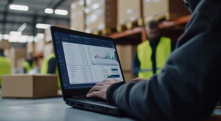 Warehouse Worker Using Laptop with Data Analytics Charts
