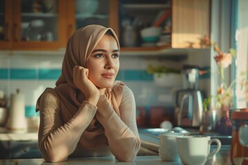 Happy Arab woman drinking coffee, dreaming and thinking about something looking next to her. Sitting in a modern kitchen at home