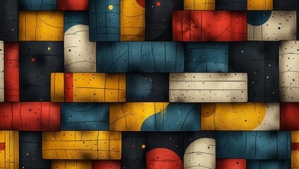 A seamless pattern of books featuring bold colors and simple shapes, creating an abstract yet vibrant composition on the wall behind it. 