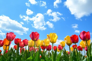 Fototapeta premium Colorful Tulips Blooming in Spring with Blue Sky and Clouds