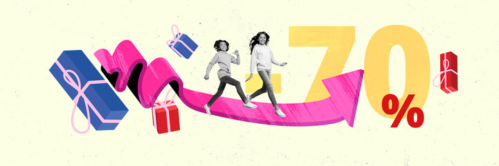 Panoramic photo collage young woman black friday promotion low price direction arrow path surprise...