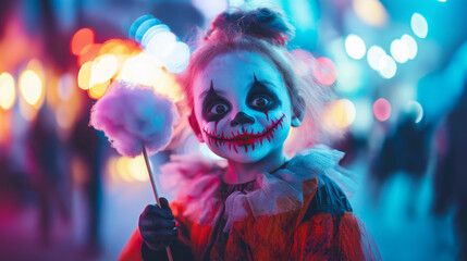 An adorable zombie enjoying a Halloween carnival, with a face painted in bright colors and holding a cotton candy stick