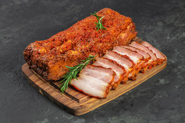 bacon pork belly slices, Piece and slices of brisket, pork lard with spice