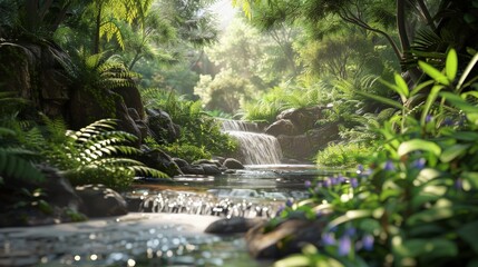 Fototapeta premium Tranquil Waterfall in Lush Rainforest.