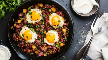 A hearty breakfast of corned beef hash with fried eggs.