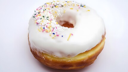 A single glazed donut with colorful sprinkles.