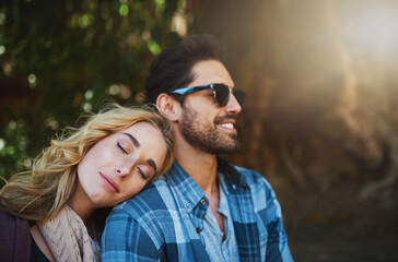 Fototapeta premium Happy couple, relax and peace in nature, relationship and trust in partnership on holiday. People, countryside marriage and commitment on parkvacation in forest, wife and outdoor for break