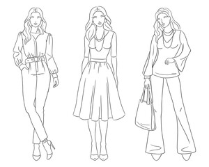Female clothes collection. Fashion models posing. Vector line fashion illustration of beautiful young women, isolated on a white background. Fashion coloring page. Hand drawn fashion sketches.