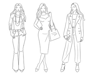 Female clothes collection. Fashion models posing. Vector line fashion illustration of beautiful young women, isolated on a white background. Fashion coloring page. Hand drawn fashion sketches.