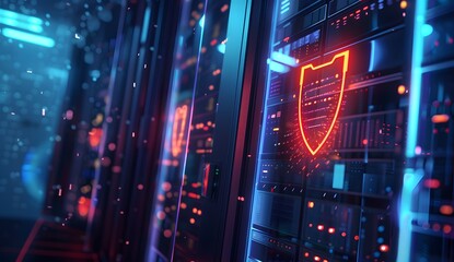 Obraz premium A close up of digital data storage with glowing symbols representing a shield and lock, set against the backdrop of dark server cabinets in an office environment.
