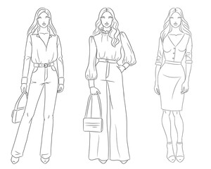 Female clothes collection. Fashion models posing. Vector line fashion illustration of beautiful young women, isolated on a white background. Fashion coloring page. Hand drawn fashion sketches.