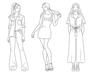 Female clothes collection. Fashion models posing. Vector line fashion illustration of beautiful young women, isolated on a white background. Fashion coloring page. Hand drawn fashion sketches.