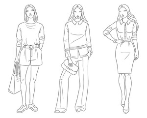 Female clothes collection. Fashion models posing. Vector line fashion illustration of beautiful young women, isolated on a white background. Fashion coloring page. Hand drawn fashion sketches.