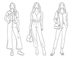 Female clothes collection. Fashion models posing. Vector line fashion illustration of beautiful young women, isolated on a white background. Fashion coloring page. Hand drawn fashion sketches.