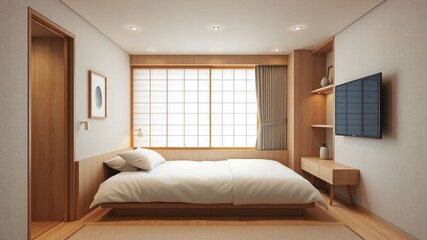 Minimalist Japanese hotel room with light wood accents