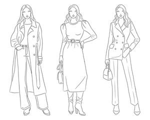 Female clothes collection. Fashion models posing. Vector line fashion illustration of beautiful young women, isolated on a white background. Fashion coloring page. Hand drawn fashion sketches.