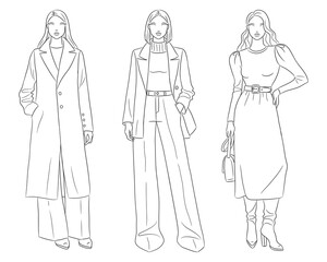 Female clothes collection. Fashion models posing. Vector line fashion illustration of beautiful young women, isolated on a white background. Fashion coloring page. Hand drawn fashion sketches.