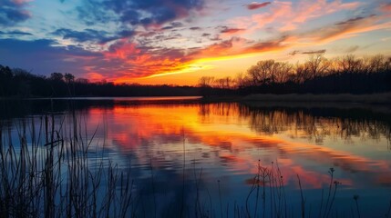 Fototapeta premium Colorful Sunset Reflected in Calm Lake Water.