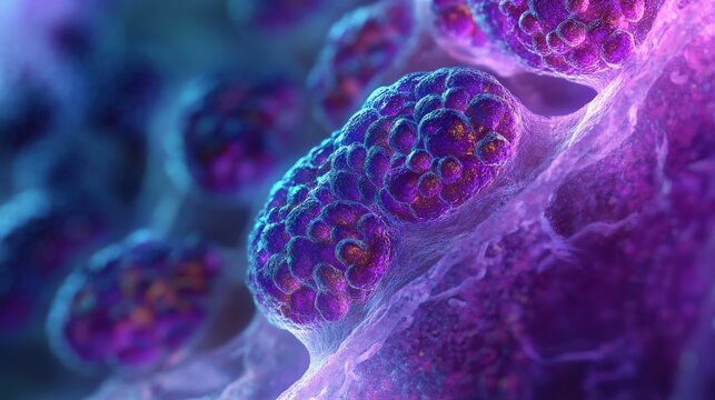 Pancreatic beta cells are showcased in vivid colors, highlighting their function of insulin production within a dynamic cellular landscape