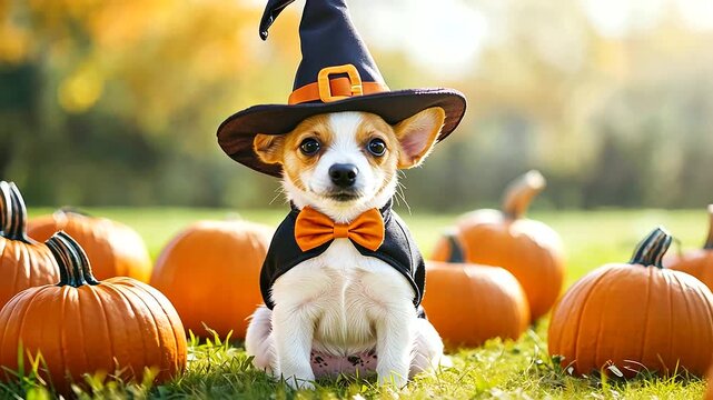Charming small dog in a witch costume sits among vibrant pumpkins on a grassy lawn.