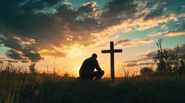 A man silhouette kneeling beside a wooden cross in a meadow during a beautiful sunset, embodying themes of Christian faith, repentance, and the hope for forgiveness and salvation.